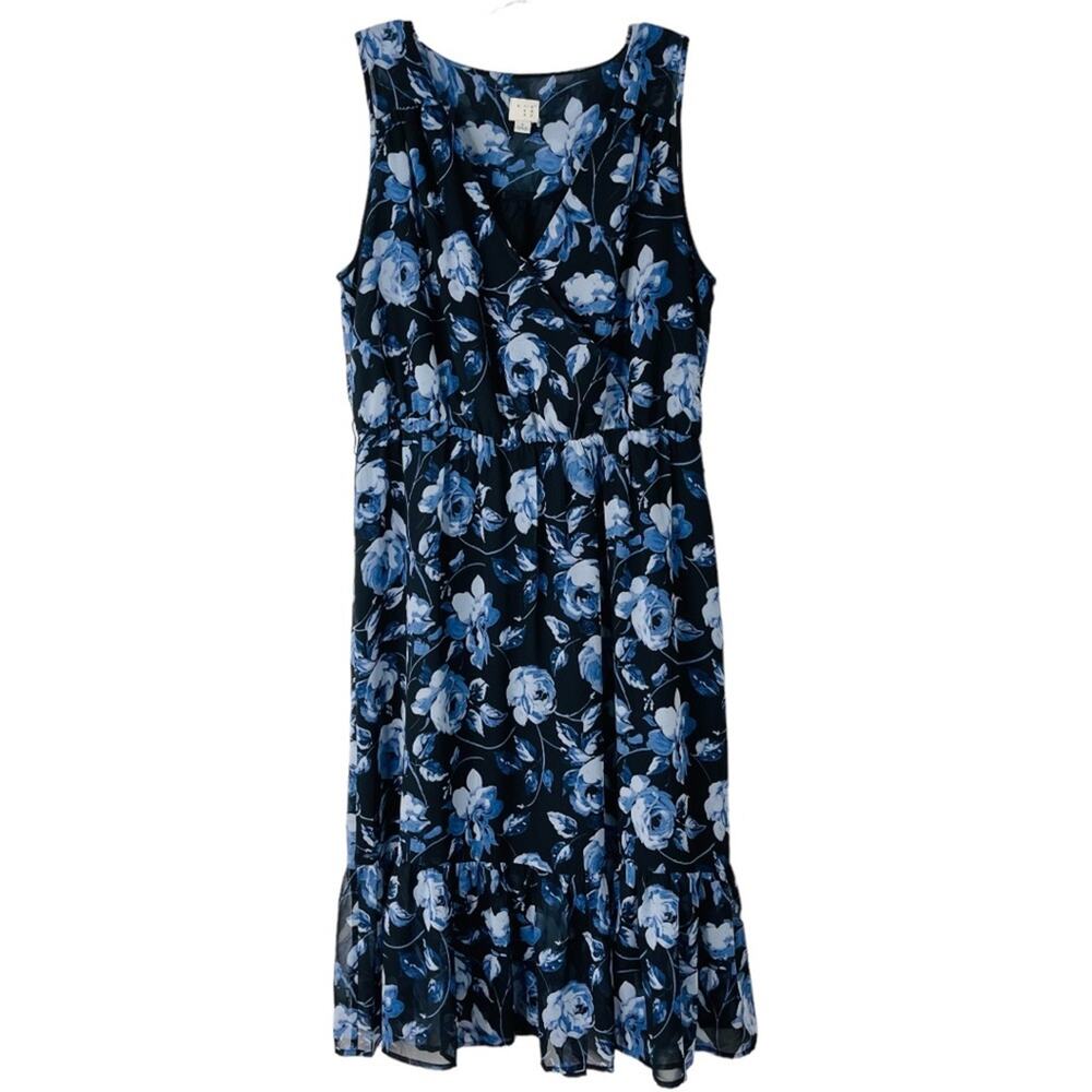 A New Day blue floral chiffon ruffle midi dress large